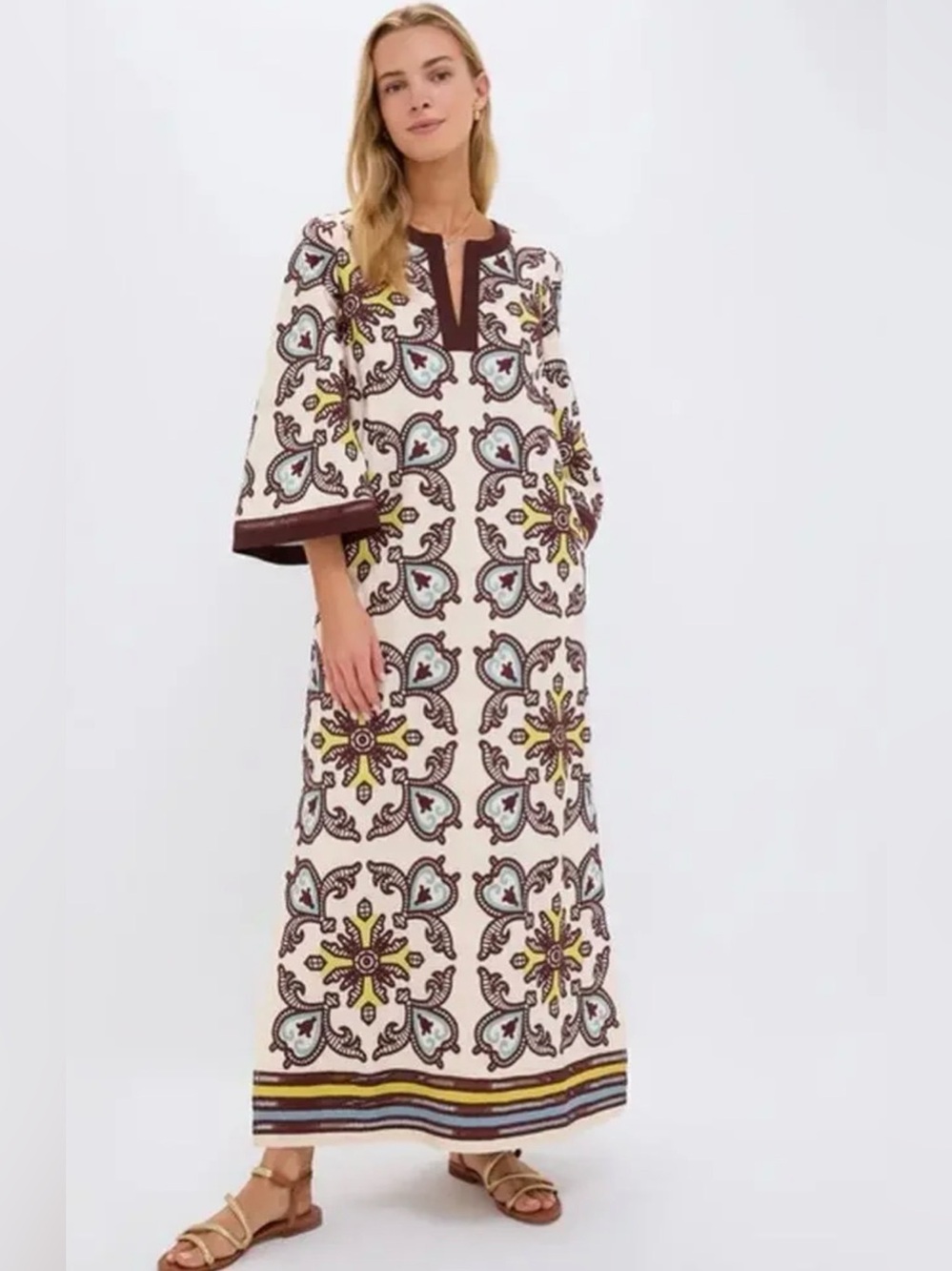 Tuckernuck NWT Citron and Slate Blue Embroidered Lorena Caftan Sz Small